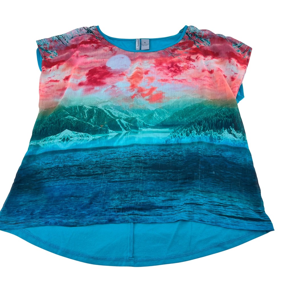 New Directions Weekend Womens XL Scenic Mountain Lake Landscape Print Top Teal